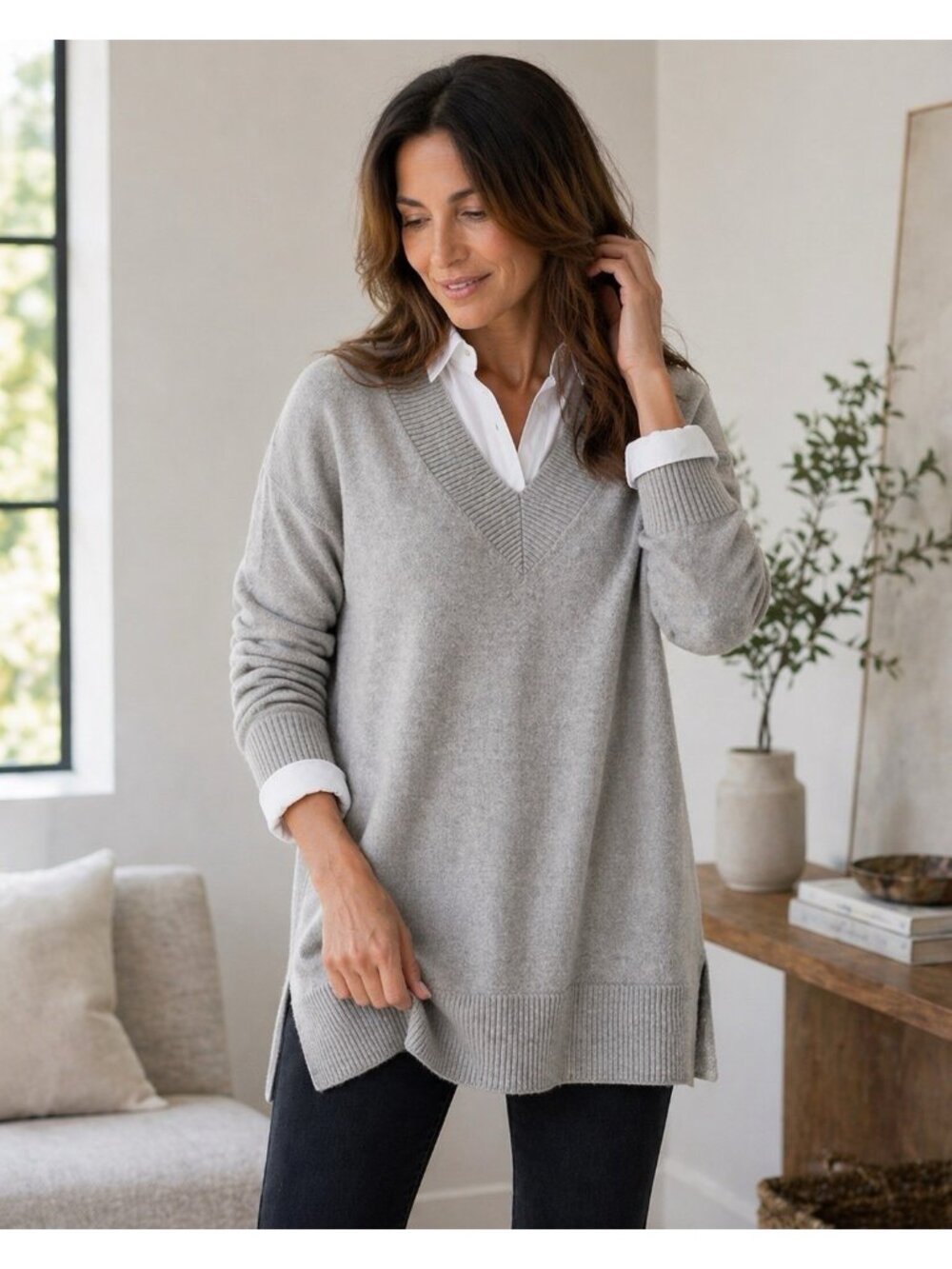 WoolOvers Womens Deep V Tunic Sweater Sz Small Marble Gray Cashmere Merino Wool